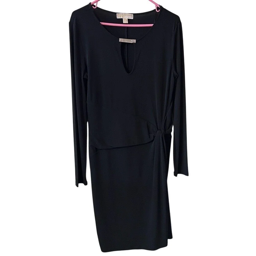 Michael Michael Kors Black Long Sleeve Keyhole Sheath Dress with Side Knot Drape
